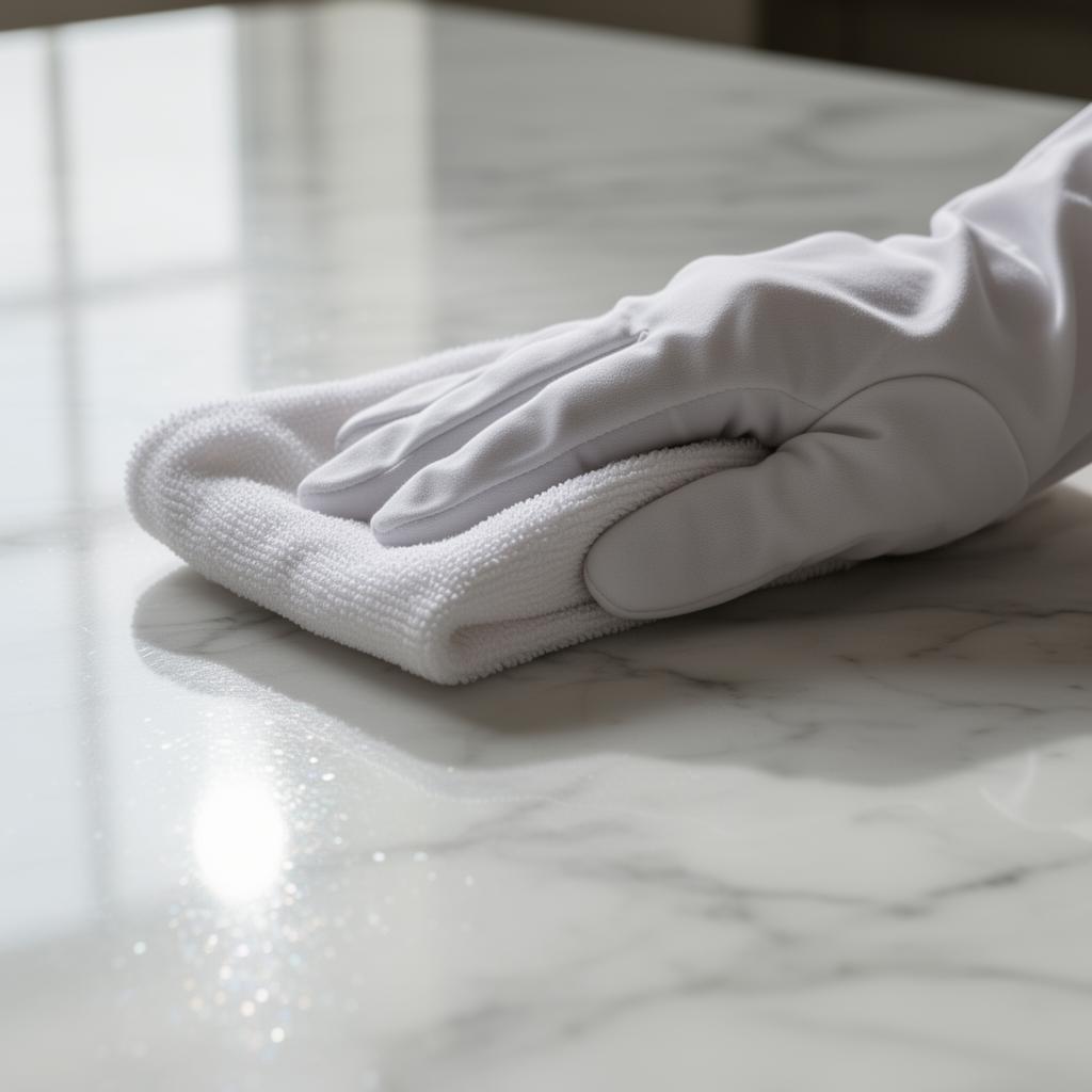 Gloved hand polishing a marble surface to a sparkle