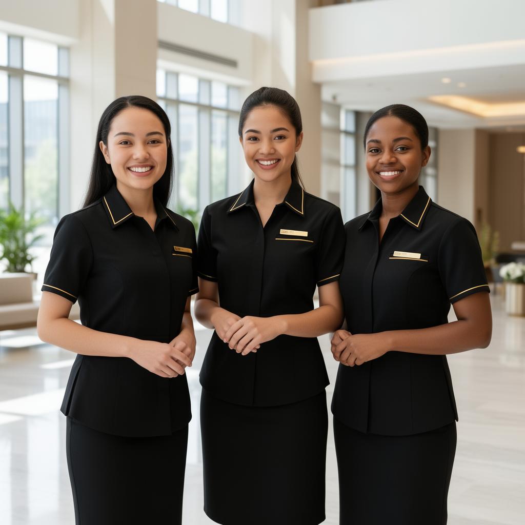 Smiling cleaning team in elegant uniforms